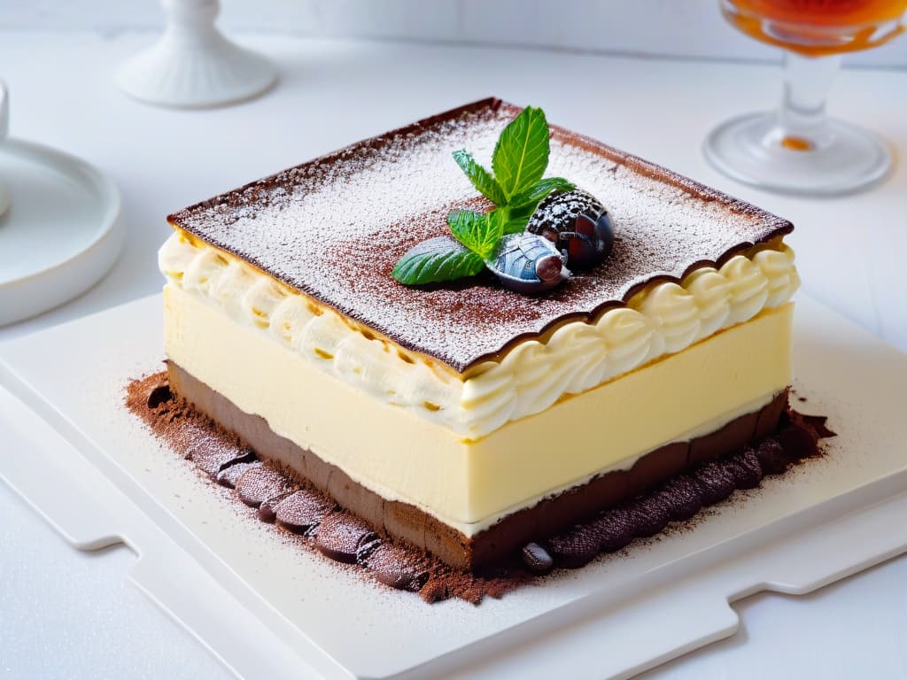  A closeup, highresolution image of a decadent tiramisu dessert in a modern, elegant glass serving dish, showcasing the layers of mascarpone cheese, espressosoaked ladyfingers, and a dusting of cocoa powder on top. The dessert is garnished with a fresh mint leaf for a pop of color, set against a clean, white background to emphasize the simplicity and elegance of the classic Italian dessert. hyperrealistic, full body, detailed clothing, highly detailed, cinematic lighting, stunningly beautiful, intricate, sharp focus, f/1. 8, 85mm, (centered image composition), (professionally color graded), ((bright soft diffused light)), volumetric fog, trending on instagram, trending on tumblr, HDR 4K, 8K