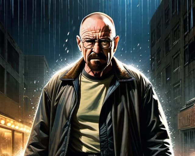  portrait of walter white as heisenberg, with mean look, rain, mystical, dark, dramatic, epic composition, 12K, hyperrealism, unforgettable, in the style of mike deodato, realistic detail, realistic hyper detailed rendering, realistic painted still lifes, insanely intricate, GTA style artwork , satirical, exaggerated, pop art style, vibrant colors, iconic characters, action packed