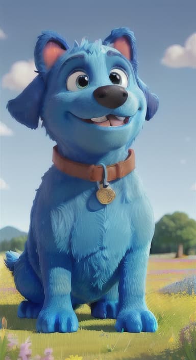  {A happy, big blue dog wagging its tail in a colorful meadow, The big blue dog is large with sky blue fur, big round eyes, a black nose, and floppy ears.