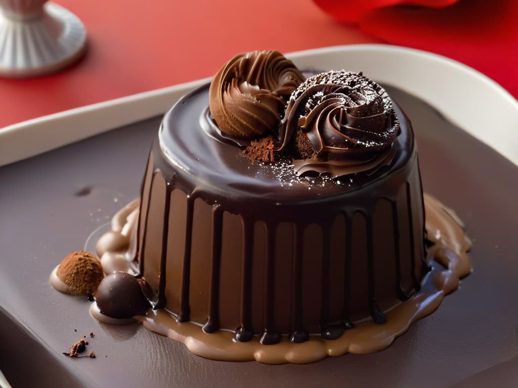  A closeup, ultradetailed image of a rich, decadent chocolate truffle being delicately dipped into a smooth, glossy pool of dark chocolate ganache. The truffle is coated with a dusting of fine cocoa powder, highlighting its luxurious and indulgent texture. The lighting is soft and elegant, showcasing the intricate swirls and reflections on the surface of the ganache, inviting the viewer to savor the moment of chocolatey bliss. hyperrealistic, full body, detailed clothing, highly detailed, cinematic lighting, stunningly beautiful, intricate, sharp focus, f/1. 8, 85mm, (centered image composition), (professionally color graded), ((bright soft diffused light)), volumetric fog, trending on instagram, trending on tumblr, HDR 4K, 8K