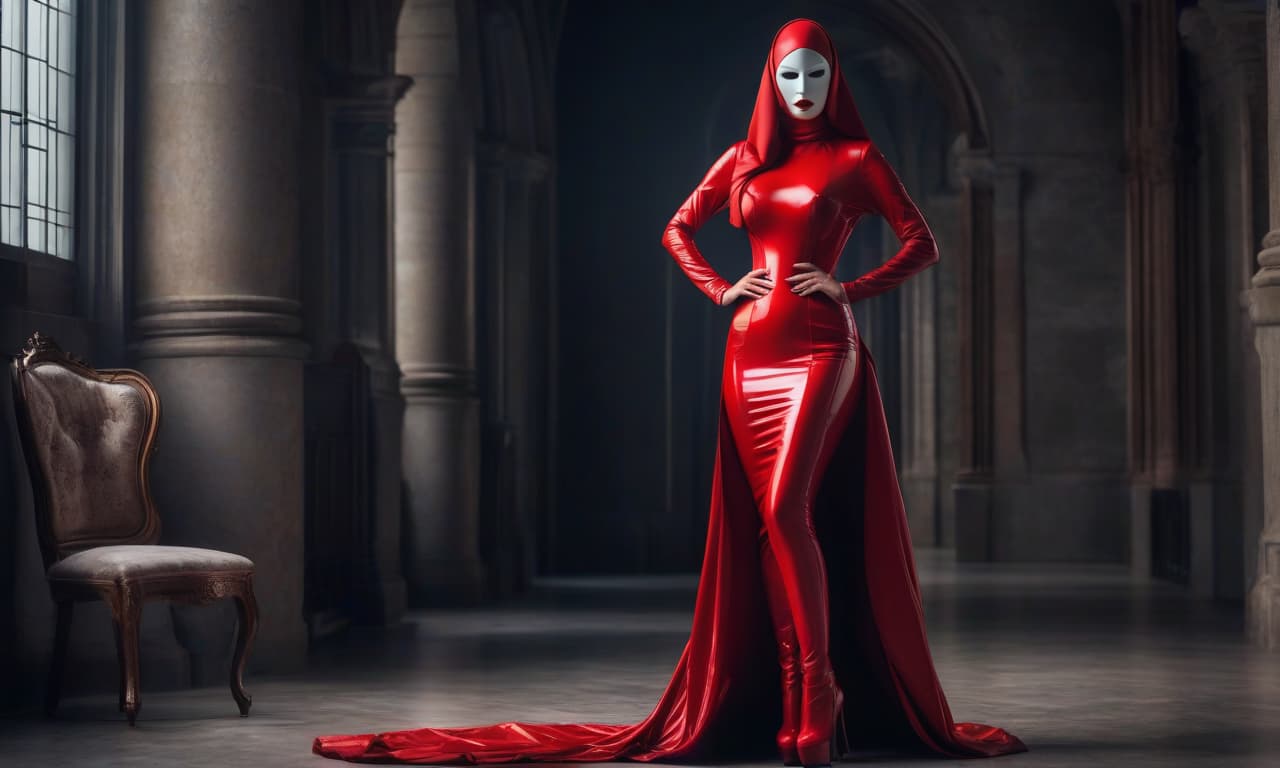  cinematic film still A strict nun, full grown, pale skin, vividly colored eyes, plump lips, in a shimmering red latex outfit tightly hugging her body. On her head is a tightly fitting white mask covering her entire head and face. The mask tightly hugs her face. On her hands are white gloves. On her legs are white high heeled boots, a red corset, (dark frame: 1.17), epic realism, gray, (neutral colors), artistic, (HDR: 1.5), (dull colors: 1.2), with a high level of detailedness, (ArtStation: 1.5), cinematic, warm light, dramatic light, (complex details: 1.1), complex background, (Routhkowsky: 0.8), (blue and orange: 0.4), Detail, ((complex details)), HDR, ((complex details, super detailed)) . shallow depth of field, vignette, highly detaile hyperrealistic, full body, detailed clothing, highly detailed, cinematic lighting, stunningly beautiful, intricate, sharp focus, f/1. 8, 85mm, (centered image composition), (professionally color graded), ((bright soft diffused light)), volumetric fog, trending on instagram, trending on tumblr, HDR 4K, 8K