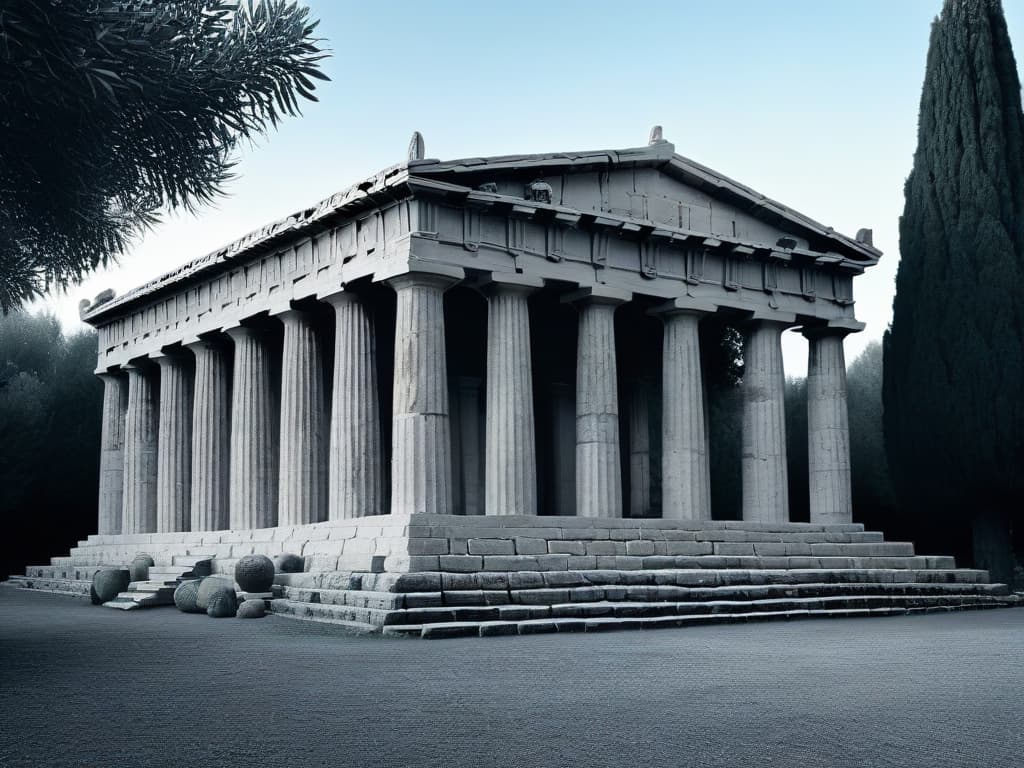  An intricate black and white line drawing of a grand ancient Greek temple, featuring intricate columns and detailed carvings, set against a clear blue sky. The temple is surrounded by lush greenery, with olive trees and grapevines in the foreground. The image conveys a sense of history, grandeur, and reverence, capturing the essence of ancient Greek and Roman offerings to the gods. hyperrealistic, full body, detailed clothing, highly detailed, cinematic lighting, stunningly beautiful, intricate, sharp focus, f/1. 8, 85mm, (centered image composition), (professionally color graded), ((bright soft diffused light)), volumetric fog, trending on instagram, trending on tumblr, HDR 4K, 8K