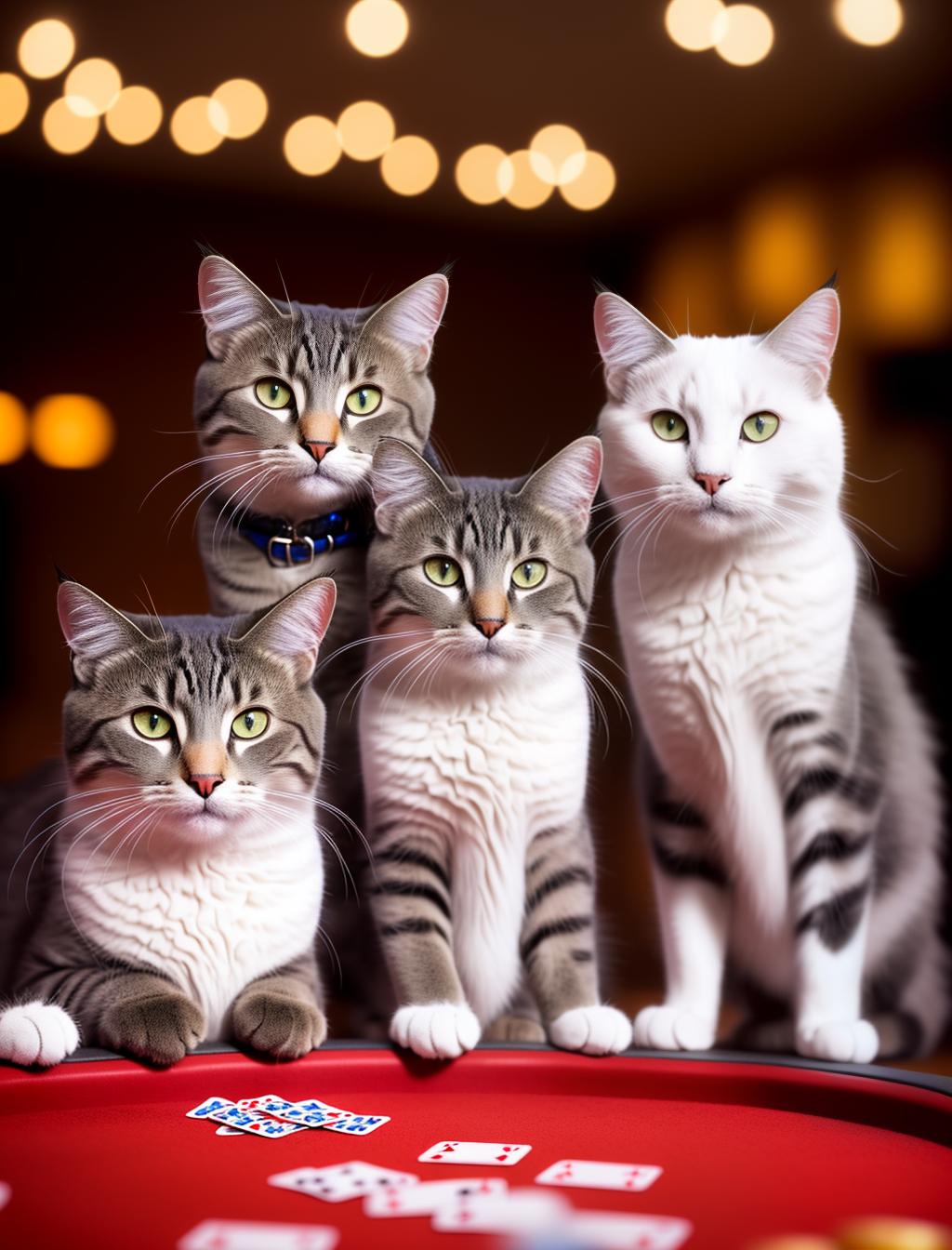  Cats playing poker , (high detailed skin:1.2), 8k uhd, dslr, soft lighting, high quality, film grain, Fujifilm XT3 hyperrealistic, full body, detailed clothing, highly detailed, cinematic lighting, stunningly beautiful, intricate, sharp focus, f/1. 8, 85mm, (centered image composition), (professionally color graded), ((bright soft diffused light)), volumetric fog, trending on instagram, trending on tumblr, HDR 4K, 8K