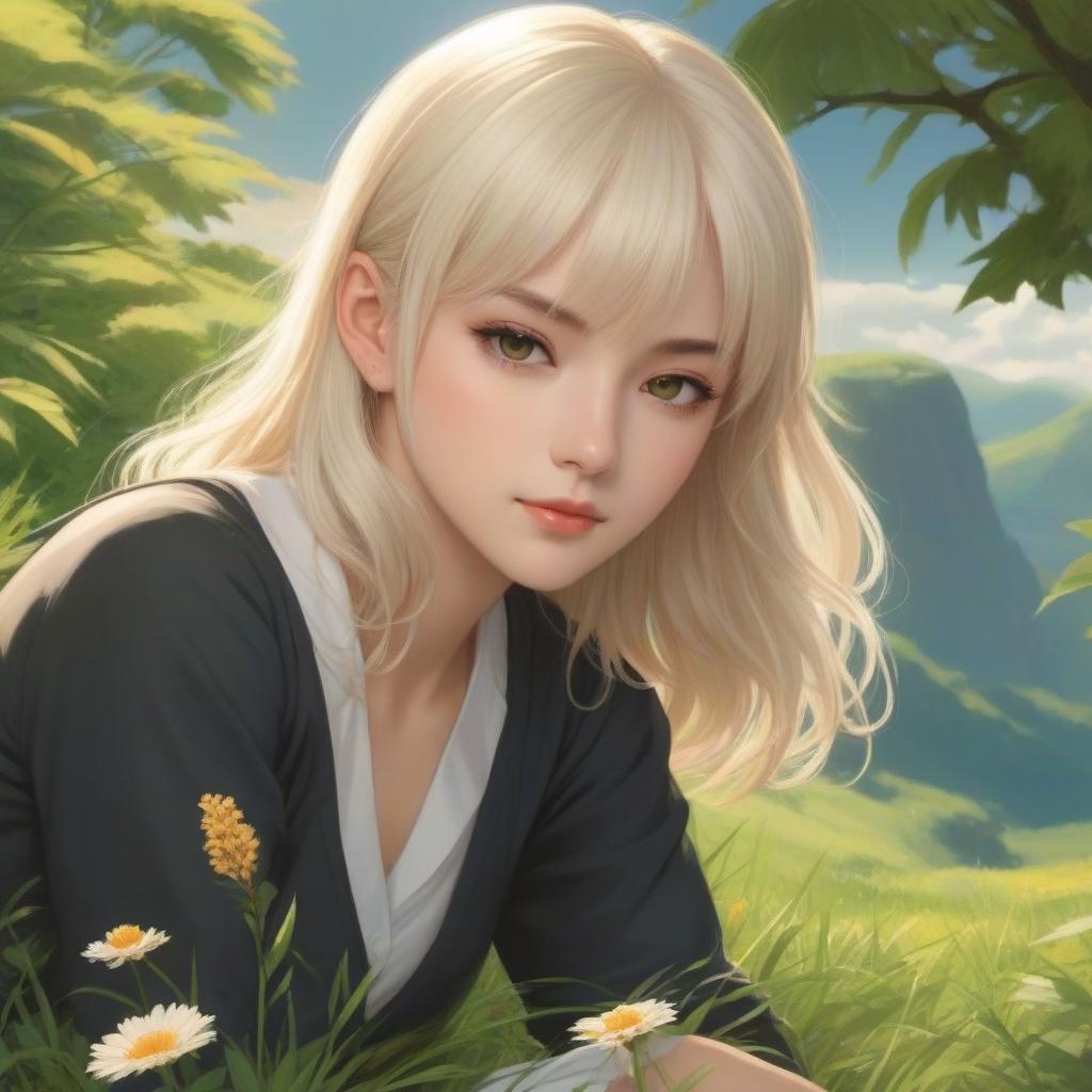  rpg character concept art, anime key visual of elegant young female, platinum blonde straight bangs, with amber eyes, finely detailed perfect face delicate features directed gaze, laying down in the grass at sunset in a valley, trending on pixiv fanbox, studio ghibli, extremely high quality artwork