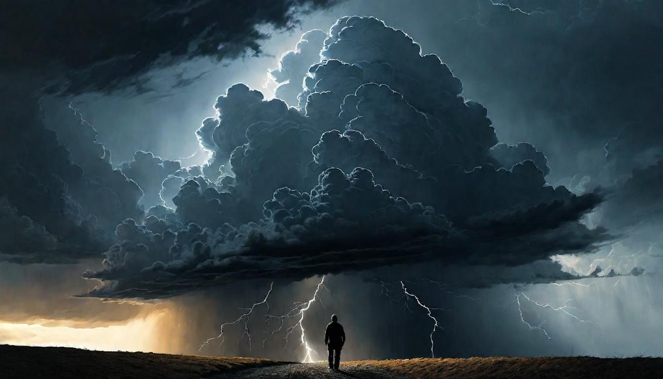  （surrealism)A storm cloud casting a shadow over a lone figure, oppressive, encroaching darkness, projected fears, enveloping gloom. mystic, intricate details, best quality)