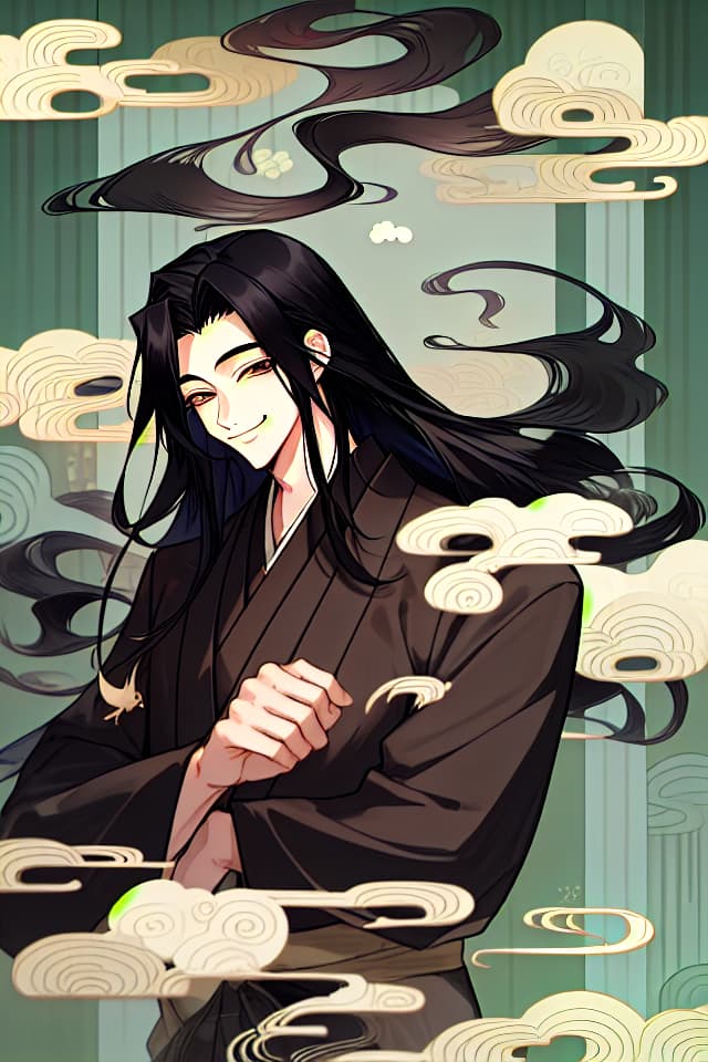  Suit, male, haori, Japanese style, black hair, hanging, long hair, eyelashes, smiles, fine