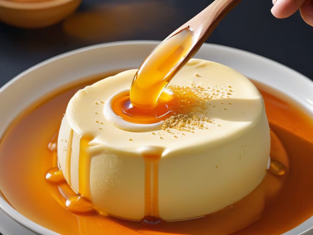  An ultradetailed closeup image of a golden spoon delicately drizzling rich, ambercolored honey onto a perfectly rounded mound of smooth, fluffy fufu, highlighting the glossy texture of the honey and the soft, pillowy consistency of the fufu. The contrast between the deep gold of the honey and the pale cream of the fufu creates a visually striking and appetizing scene, with tiny droplets of honey suspended in midair, capturing a moment of culinary indulgence and cultural fusion. hyperrealistic, full body, detailed clothing, highly detailed, cinematic lighting, stunningly beautiful, intricate, sharp focus, f/1. 8, 85mm, (centered image composition), (professionally color graded), ((bright soft diffused light)), volumetric fog, trending on instagram, trending on tumblr, HDR 4K, 8K