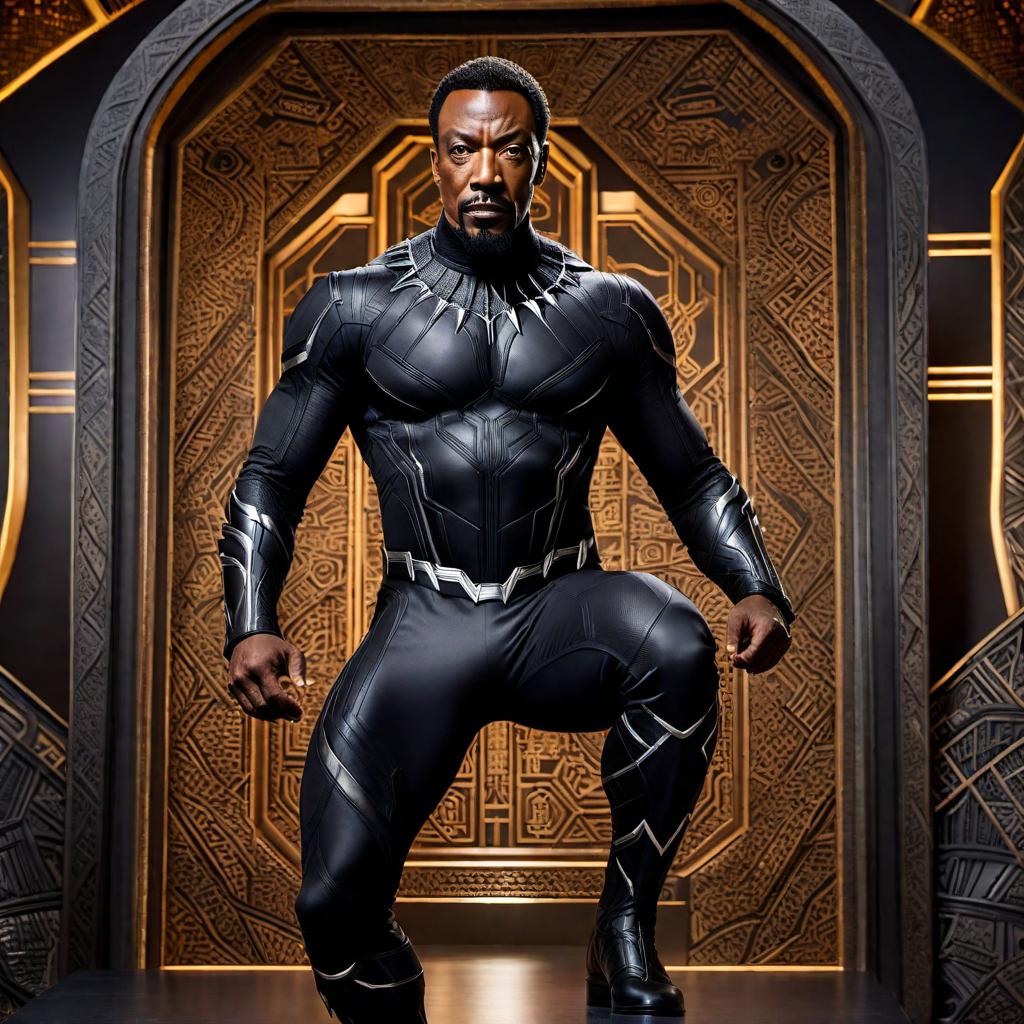  Eddie Murphy as Ta'Challa (Black Panther) from Marvel comics, in the iconic Black Panther suit, standing heroically with a Wakandan-themed backdrop. hyperrealistic, full body, detailed clothing, highly detailed, cinematic lighting, stunningly beautiful, intricate, sharp focus, f/1. 8, 85mm, (centered image composition), (professionally color graded), ((bright soft diffused light)), volumetric fog, trending on instagram, trending on tumblr, HDR 4K, 8K