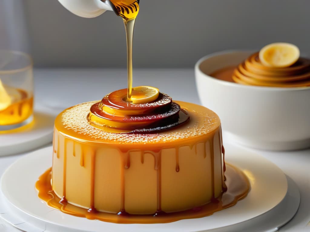  A closeup, ultradetailed image of a golden honey drizzle cascading over a perfectly caramelized dessert, with each individual droplet glistening in the light and creating a mesmerizing pattern as it lands on the surface below. The caramelized creation is elegantly simple in design, allowing the viewer to focus on the intricate textures and the rich, amber hues of the honey and caramel intermingling in a visually stunning display of culinary artistry. hyperrealistic, full body, detailed clothing, highly detailed, cinematic lighting, stunningly beautiful, intricate, sharp focus, f/1. 8, 85mm, (centered image composition), (professionally color graded), ((bright soft diffused light)), volumetric fog, trending on instagram, trending on tumblr, HDR 4K, 8K