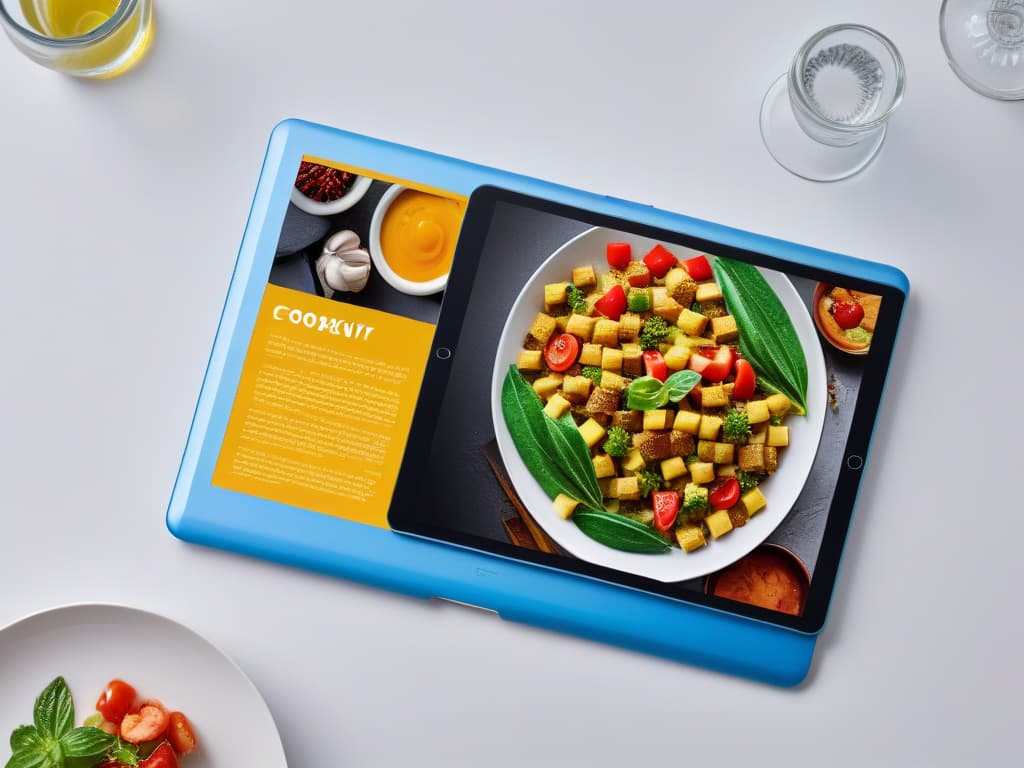  An ultradetailed, minimalist image of a sleek digital tablet displaying a beautifully designed digital cookbook cover with vibrant colors and enticing food imagery, set against a clean, uncluttered background to convey a sense of modernity and sophistication in digital recipe creation. hyperrealistic, full body, detailed clothing, highly detailed, cinematic lighting, stunningly beautiful, intricate, sharp focus, f/1. 8, 85mm, (centered image composition), (professionally color graded), ((bright soft diffused light)), volumetric fog, trending on instagram, trending on tumblr, HDR 4K, 8K