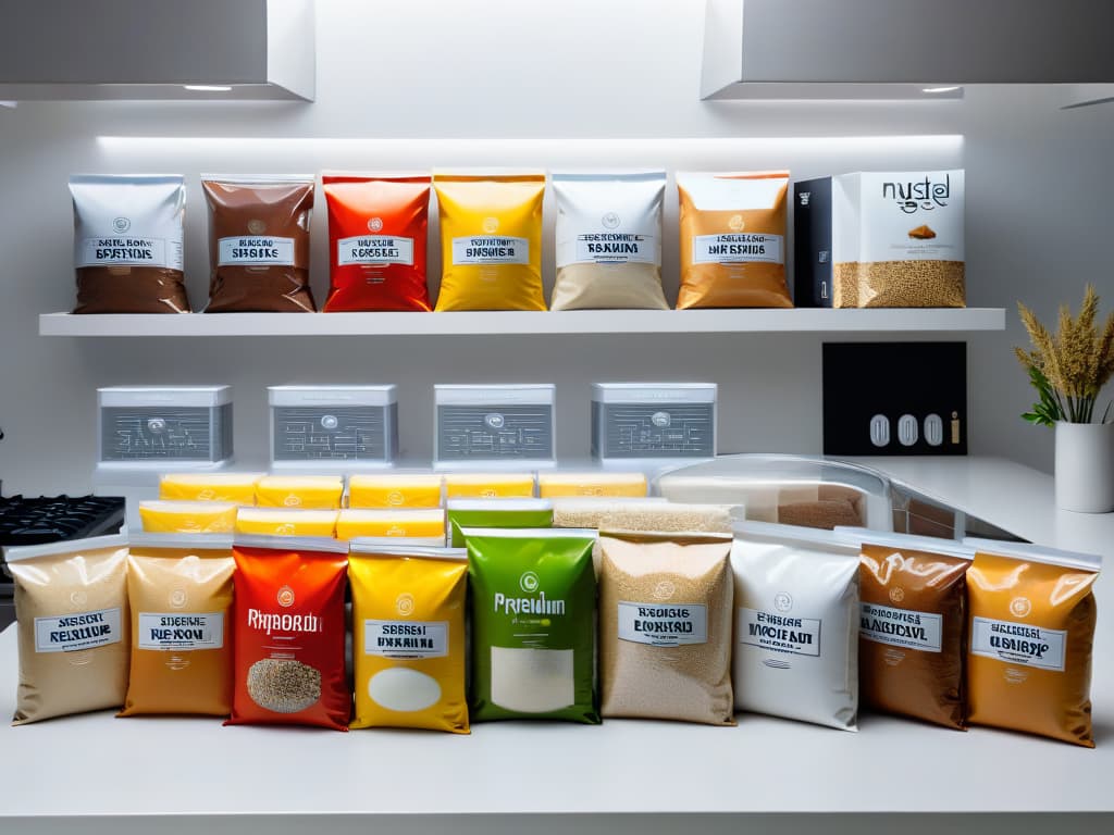  An upscale, minimalist image of a sleek, modern kitchen countertop showcasing a variety of labeled, premiumlooking packages of alternative flours from leading brands. The packages are neatly arranged in a visually appealing manner, with soft, natural lighting highlighting the quality and diversity of the products. Each brand's logo is prominently displayed, conveying a sense of sophistication and expertise in the alternative flour market. The overall aesthetic is clean, elegant, and aspirational, perfectly complementing the professional and informative tone of the article. hyperrealistic, full body, detailed clothing, highly detailed, cinematic lighting, stunningly beautiful, intricate, sharp focus, f/1. 8, 85mm, (centered image composition), (professionally color graded), ((bright soft diffused light)), volumetric fog, trending on instagram, trending on tumblr, HDR 4K, 8K