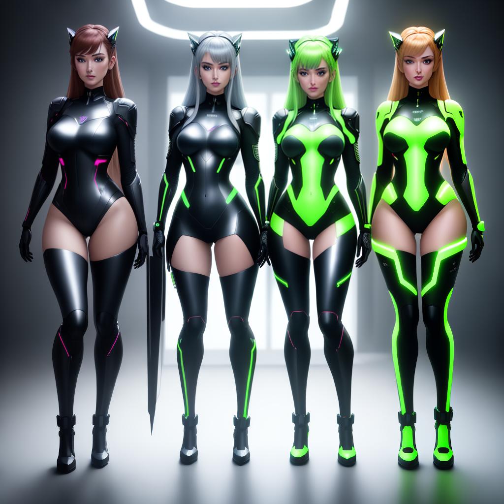  ((masterpiece)),(((best quality))), 8k, high detailed, ultra-detailed. Three girls seen from the front, wearing very short skirts, outfits with much wider necklines, and high boots, in a realistic style. The girls have different eye colors, one with ((blue eyes)), one with ((green eyes)), and one with ((hazel eyes)). The scene takes place in a ((futuristic)) setting with sleek metallic structures and floating holographic displays. The lighting is ((neon)), creating a vibrant and energetic atmosphere. hyperrealistic, full body, detailed clothing, highly detailed, cinematic lighting, stunningly beautiful, intricate, sharp focus, f/1. 8, 85mm, (centered image composition), (professionally color graded), ((bright soft diffused light)), volumetric fog, trending on instagram, trending on tumblr, HDR 4K, 8K
