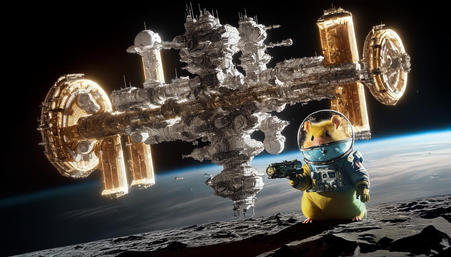  masterpiece, best quality,A hyper-realistic, spacesuit-wearing yellow hamster is playing with an AK-47 in front of a massive space station.,,Anime,comic style,lovely,dynamic,colorful,exaggerated design,clear lines,emphasize eye contact,fantasy world, masterpiece:1.2, best quality:1.2,8k