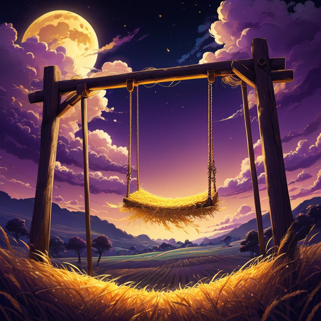  Field with Golden Straw Swing, clouds, vivid, highly detailed, anime style, hand-drawn, combined with digital art, night, whimsical, (enchanting atmosphere:1.1), warm lighting , depth of field, Wacom Cintiq, Adobe Photoshop, 300 DPI, (hdr:1.2), dark perple shadows