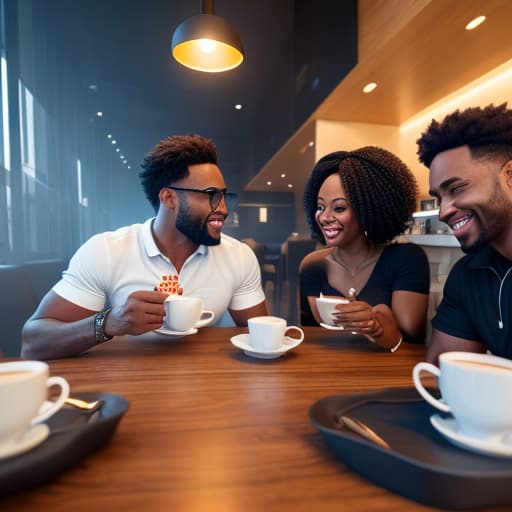  (black people sitting at table having coffee), photorealistic, highly detailed, 4k, high quality hyperrealistic, full body, detailed clothing, highly detailed, cinematic lighting, stunningly beautiful, intricate, sharp focus, f/1. 8, 85mm, (centered image composition), (professionally color graded), ((bright soft diffused light)), volumetric fog, trending on instagram, trending on tumblr, HDR 4K, 8K