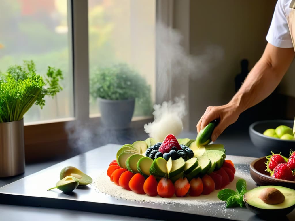  An ultradetailed image of a sleek, modern kitchen countertop adorned with an array of vibrant, fresh fruits and vegetables in various stages of preparation. A chef's hand expertly slices a ripe avocado, while a delicate dusting of flour hangs in the air near a bowl of mixed berries. The natural light flooding in through a nearby window illuminates the scene, casting a gentle glow on the meticulously organized array of plantbased ingredients. hyperrealistic, full body, detailed clothing, highly detailed, cinematic lighting, stunningly beautiful, intricate, sharp focus, f/1. 8, 85mm, (centered image composition), (professionally color graded), ((bright soft diffused light)), volumetric fog, trending on instagram, trending on tumblr, HDR 4K, 8K