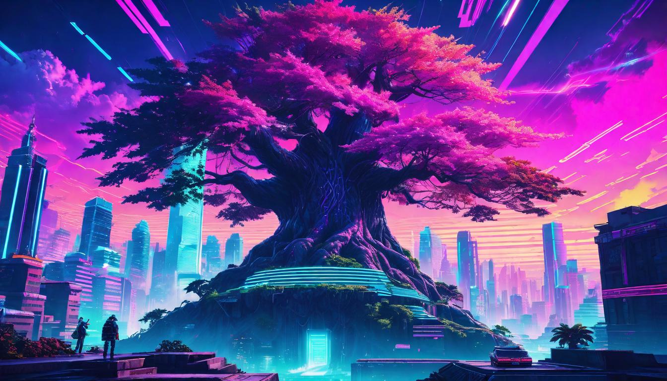  vaporwave,cyberpunk game style Roots of a giant tree breaking through concrete, the tree towering over a fragmented city. The grounded nature of purpose, breaking barriers, robust and unwavering.eon, dystopian, futuristic, digital, vibrant, detailed, high contrast, reminiscent of cyberpunk genre video games,retro aesthetic, cyberpunk, vibrant, neon colors, vintage 80s and 90s style, highly detailed