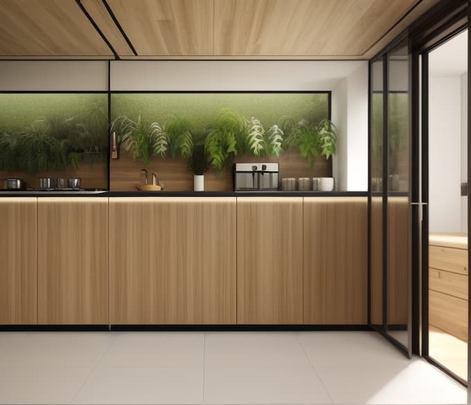  a luxury modern kitchen, real world, realistic, common, practical usage, lots of house plants, wooden ceiling, ceramic walls