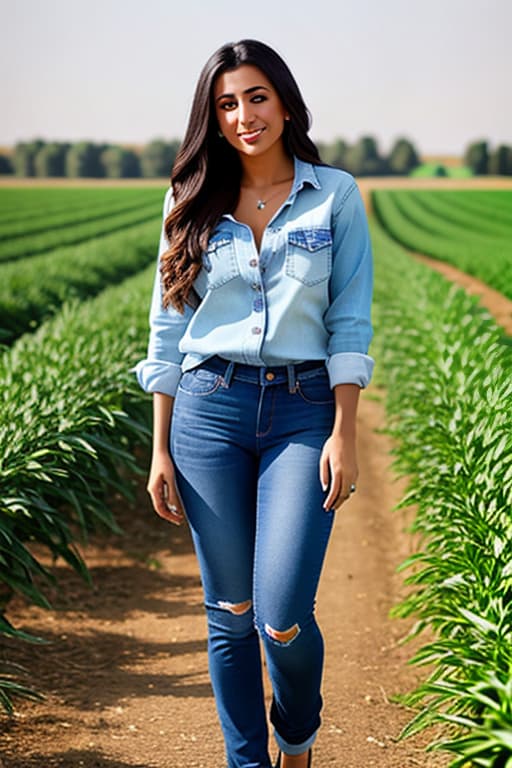  Middle eastern female, jeans, full body picture, wheat field, farm