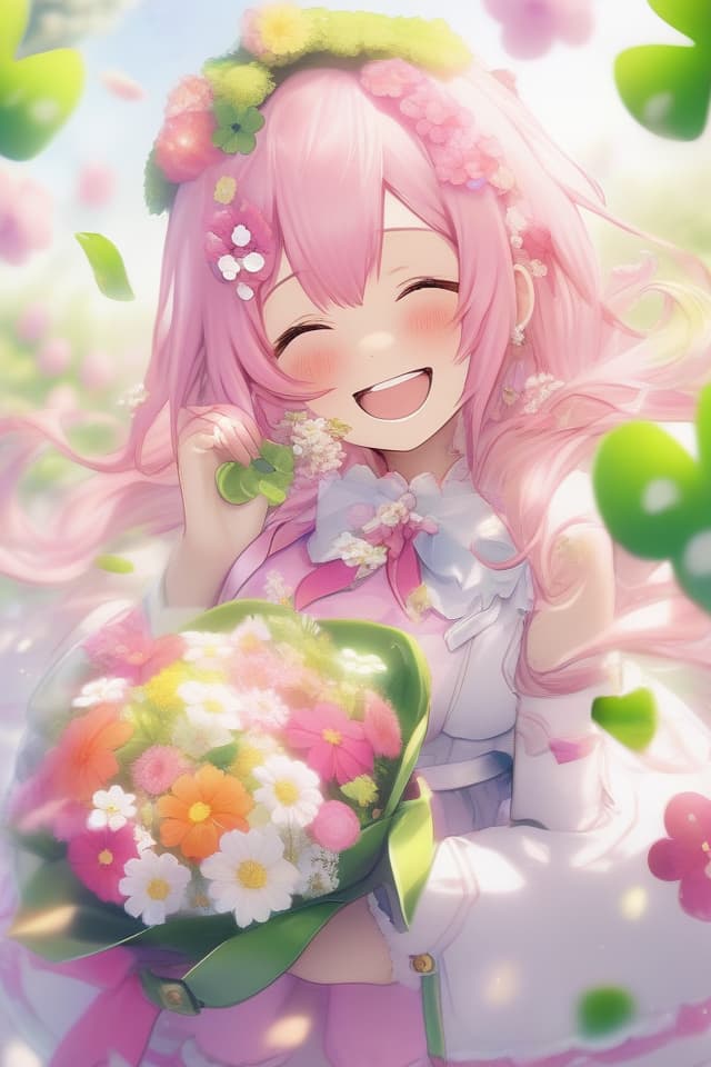  Flowers,flower garden,colorful,pink hair,smile,full smile,flower snowstorm,medium hair,flower crown,flower kanmuri,pink flower,white flower,four leaf clover,etc.(absurd detailed:1.4、best quality:1.4、masterpiece:1.4)、