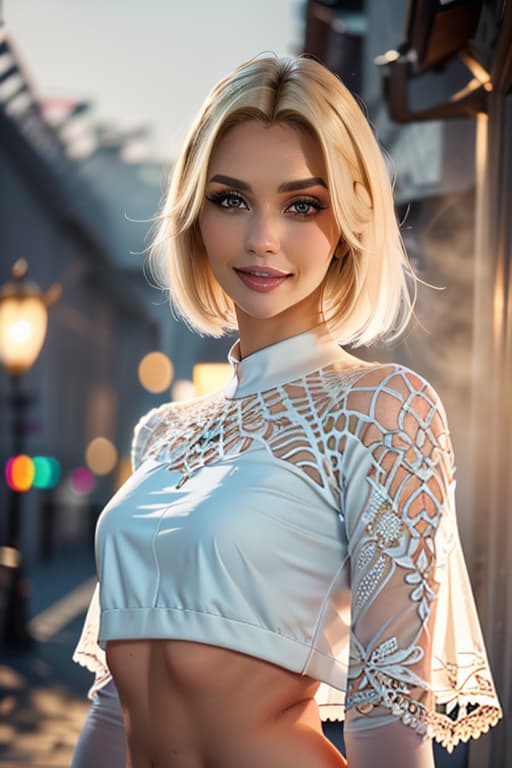  1girl,1girl,blonde short hair,straight hair,upper body shot,shirt,smile hyperrealistic, full body, detailed clothing, highly detailed, cinematic lighting, stunningly beautiful, intricate, sharp focus, f/1. 8, 85mm, (centered image composition), (professionally color graded), ((bright soft diffused light)), volumetric fog, trending on instagram, trending on tumblr, HDR 4K, 8K