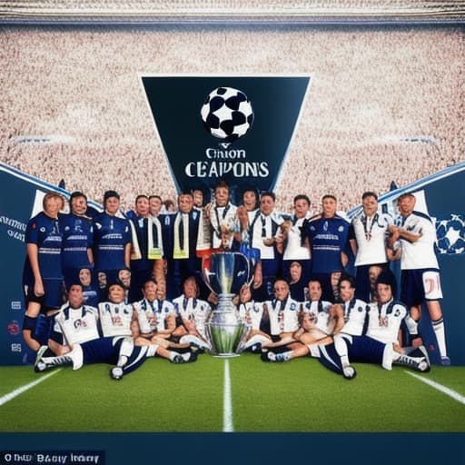  A football team of 11 players and two Coaches with a champions league trophy and a banner at the top saying congratulations billions