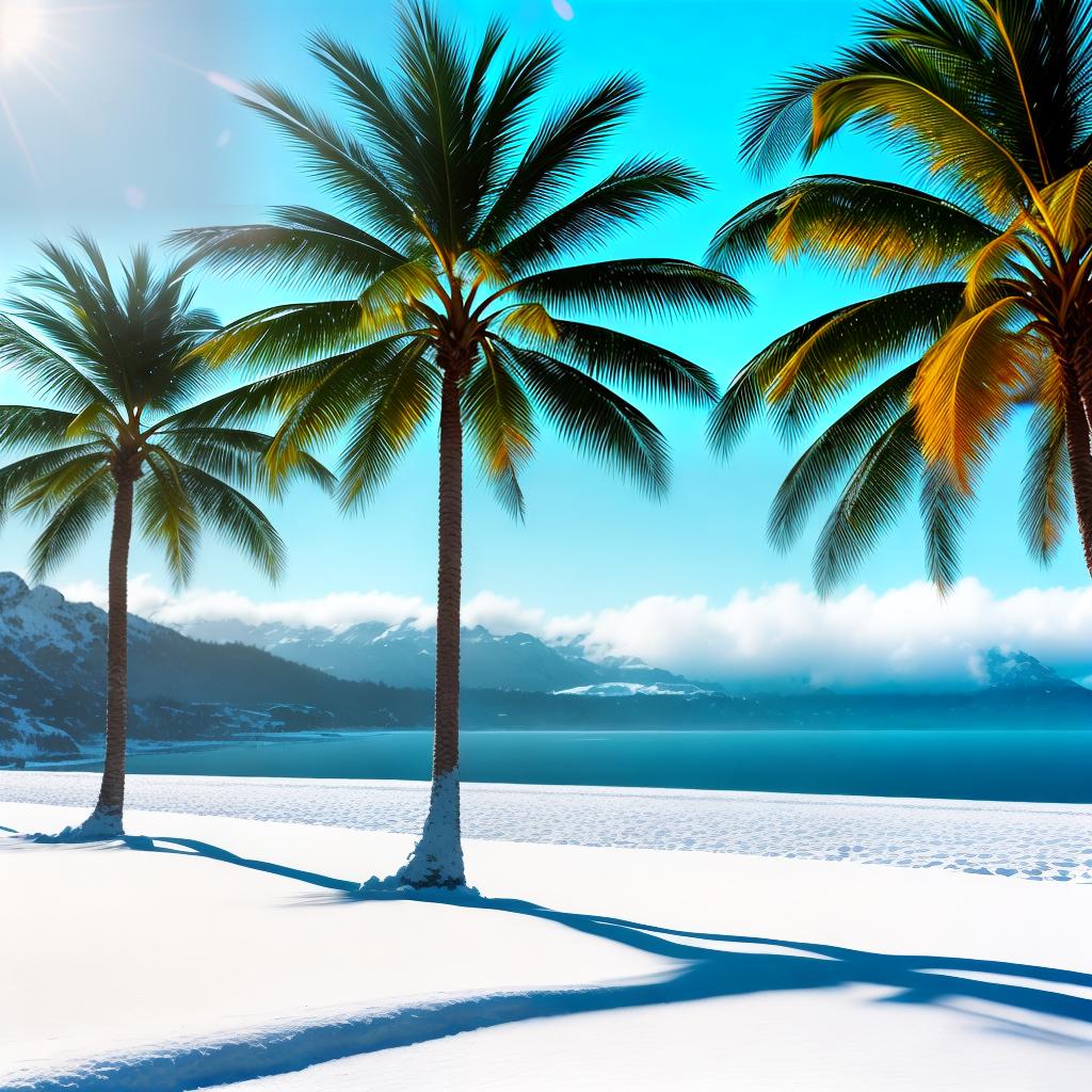  Palm trees in the snow on the shore of Sochi hyperrealistic, full body, detailed clothing, highly detailed, cinematic lighting, stunningly beautiful, intricate, sharp focus, f/1. 8, 85mm, (centered image composition), (professionally color graded), ((bright soft diffused light)), volumetric fog, trending on instagram, trending on tumblr, HDR 4K, 8K