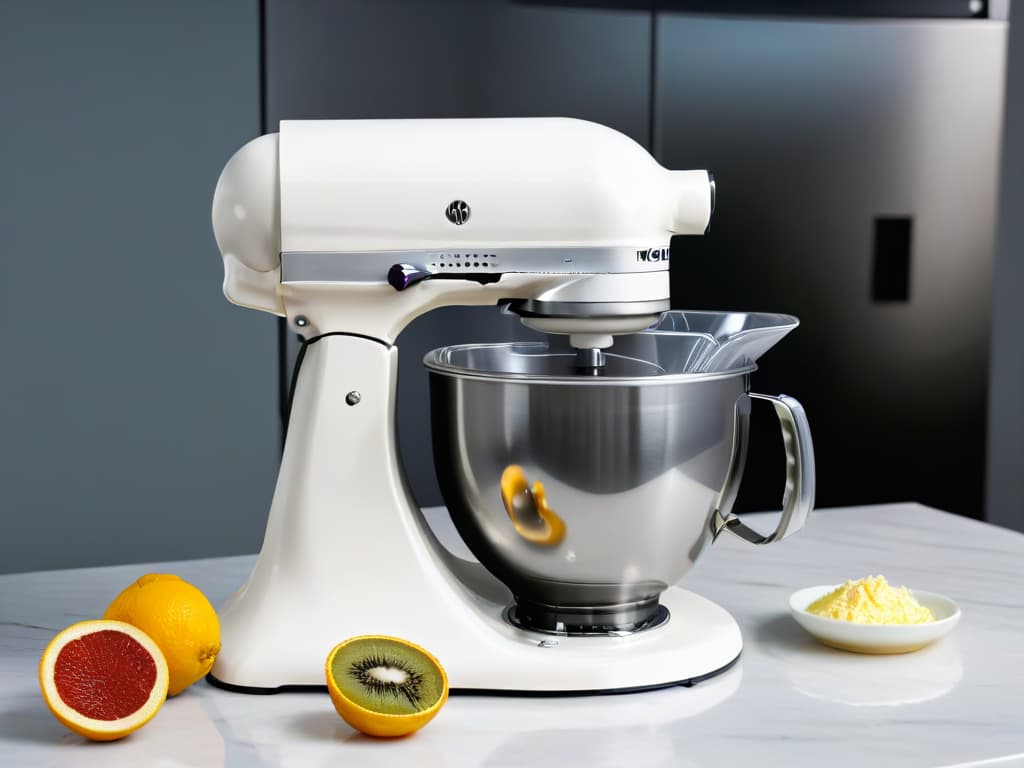  A closeup, ultradetailed image of a sleek, modern stand mixer in a pristine white color, featuring a powerful motor and various attachments neatly arranged beside it. The mixer is casting a soft shadow on a marble countertop, emphasizing its professional and elegant design. The image conveys sophistication and precision, perfect for showcasing the importance of a highquality mixer in the art of pastry making. hyperrealistic, full body, detailed clothing, highly detailed, cinematic lighting, stunningly beautiful, intricate, sharp focus, f/1. 8, 85mm, (centered image composition), (professionally color graded), ((bright soft diffused light)), volumetric fog, trending on instagram, trending on tumblr, HDR 4K, 8K