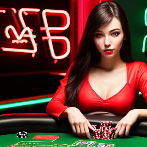  A red neon logo for poker with beautiful girl playing poker