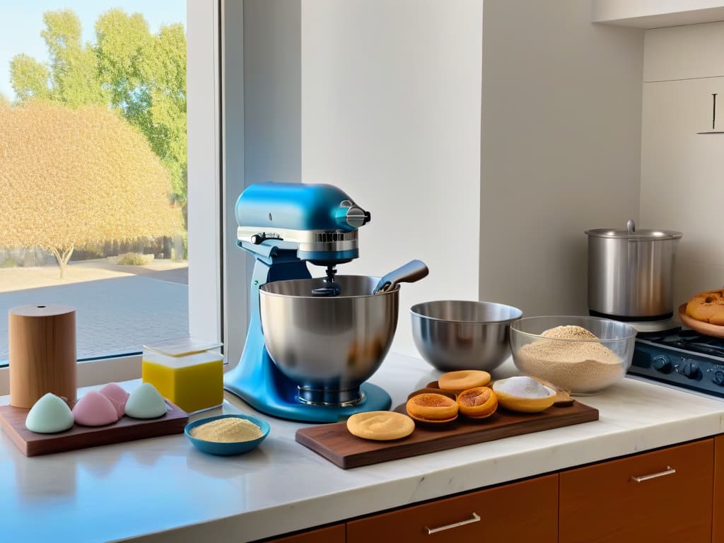  An ultradetailed image of a pristine white marble countertop adorned with an array of meticulously arranged baking tools: a sleek stand mixer, measuring cups, a rolling pin, cookie cutters, and a stack of pastelcolored mixing bowls. The soft natural light filtering through a nearby window casts gentle shadows, enhancing the minimalist aesthetic. hyperrealistic, full body, detailed clothing, highly detailed, cinematic lighting, stunningly beautiful, intricate, sharp focus, f/1. 8, 85mm, (centered image composition), (professionally color graded), ((bright soft diffused light)), volumetric fog, trending on instagram, trending on tumblr, HDR 4K, 8K