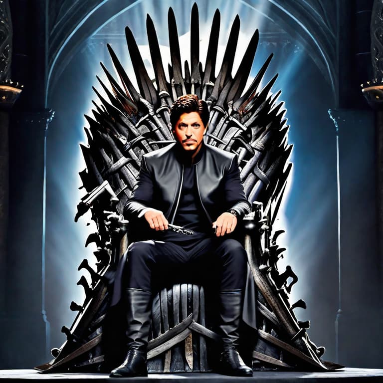  in a digital art illustration with a hyper-realistic art style. The image depicts Shah Rukh Khan, a prominent Bollywood actor known for his charm and charisma, transformed into Jon Snow from the television series Game of Thrones. Shah Rukh Khan sits confidently upon the Iron Throne, a symbolic seat of power in the fictional world of Westeros. The Iron Throne, crafted from the melted swords of fallen warriors, looms in the background, its sharp edges and intricate details rendered with precision. The lighting in the image creates a dramatic ambiance, casting shadows that enhance the depth and realism of the scene. Shah Rukh Khan, adorned in Jon Snow's traditional fur-lined black attire, exudes an air of authority and strength. His piercing g