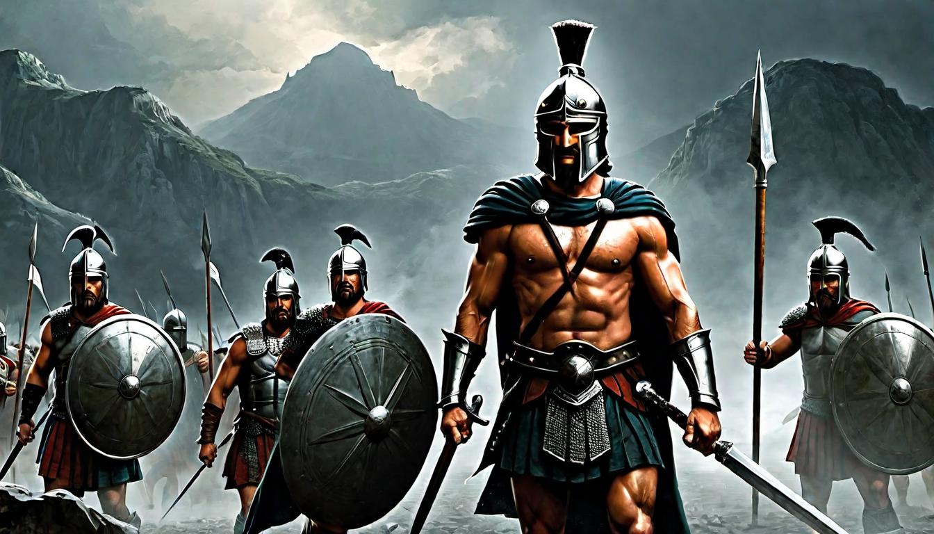  （surrealism)King Leonidas and Spartans, ancient battlefield, tensed muscles, gleaming shields, spears raised, defiant stand against overwhelming odds, grim resolve mystic, intricate details, best quality)