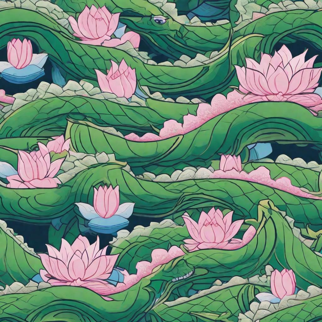  masterpiece, best quality, A top-down view of a green dragon boat, surrounded by waves in varying shades of green, blue, and pink from lotus flowers. The outermost layer consists of green lotus leaves. The green of the dragon boat should be the darkest, with the lotus leaves being slightly darker than the waves in the middle. The details should be very clearly outlined, with a 16:9 aspect ratio