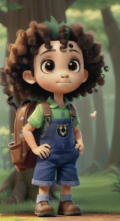  {The tree with a twinkling eye, while its leaves gently rustle., Riley, a curious with big brown eyes and curly hair, wearing overalls and carrying a small backpack. Their friend, Skye, a bluebird with shiny feathers.