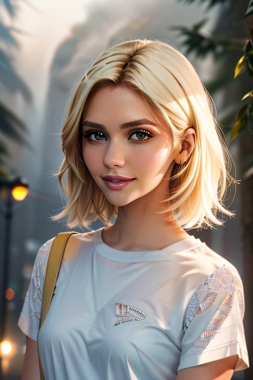  1girl,1girl,blonde short hair,straight hair,upper body shot,shirt,smile hyperrealistic, full body, detailed clothing, highly detailed, cinematic lighting, stunningly beautiful, intricate, sharp focus, f/1. 8, 85mm, (centered image composition), (professionally color graded), ((bright soft diffused light)), volumetric fog, trending on instagram, trending on tumblr, HDR 4K, 8K