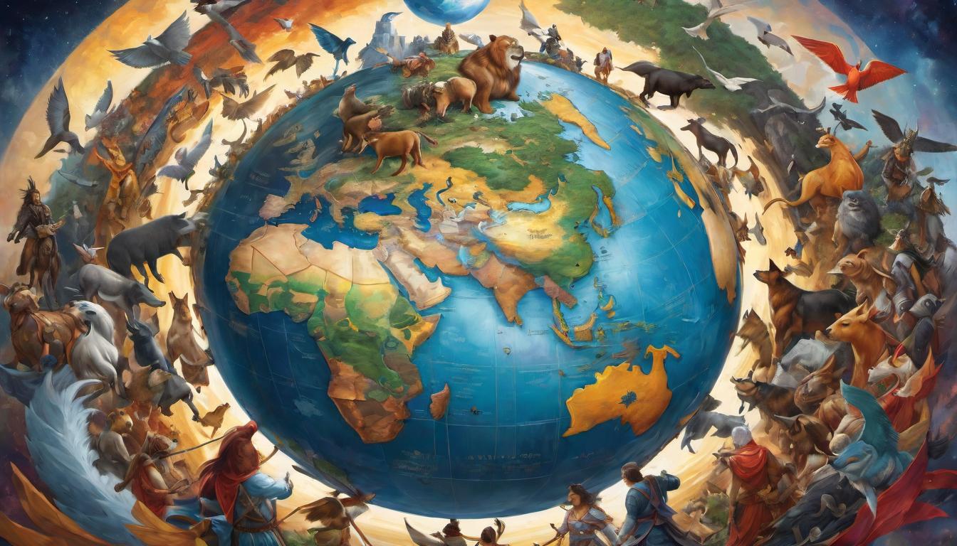  digital painting of A globe, wrapped in a ribbon of animals and humans standing in unity, world encompassed, inherent worth, global empathy, shared stewardship looking at viewer, dynamic pose, (intricate details, masterpiece, best quality)