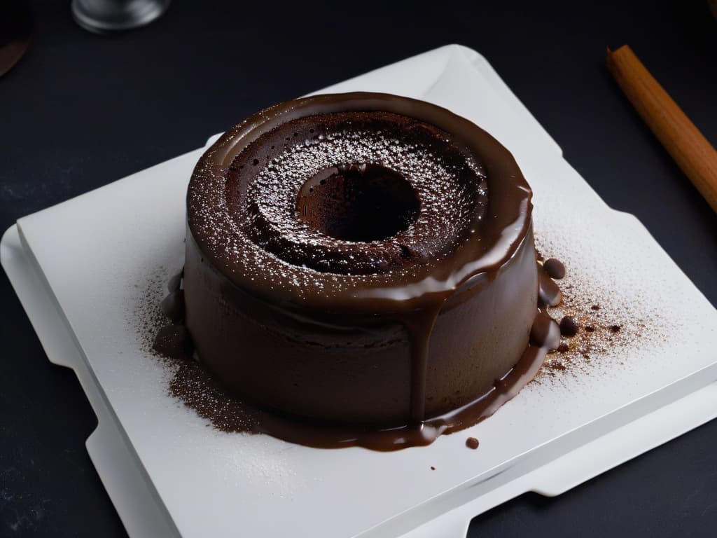  An ultradetailed closeup image of a freshly baked chocolate lava cake, with a perfectly cracked top revealing a molten chocolate center. The cake is dusted with a light sprinkle of cocoa powder, sitting on a sleek, modern white plate against a dark matte backdrop. The rich, glossy texture of the melted chocolate is highlighted, showcasing the decadent essence of chocolate in pastry creation. hyperrealistic, full body, detailed clothing, highly detailed, cinematic lighting, stunningly beautiful, intricate, sharp focus, f/1. 8, 85mm, (centered image composition), (professionally color graded), ((bright soft diffused light)), volumetric fog, trending on instagram, trending on tumblr, HDR 4K, 8K