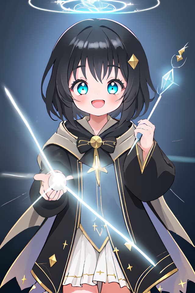  1girl,happy,wizard costume,devine light effects,magic effect,black hair,gles,