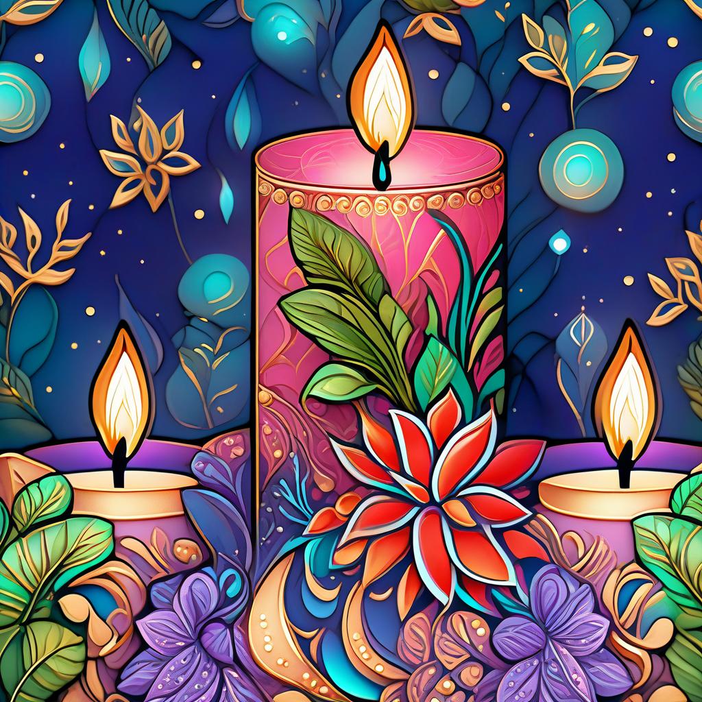  gothic style (Background):Dark blue night sky. In the sky turquoise golden stars and emerald fireworks. There are three candles on the background of the night sky. In the centre one is tall, on the sides wide and lower. (First candle decor)::pink framed with gold patterns and swirls of drops. In the middle of the candle is a flower bud and stem with emerald coloured leaves. Under the flower the candle is tied with a ribbon of blue blue colour. (Second and third candle decor):purple colour, framed with golden drops. In the middle is a purple coloured flower bud and stems with emerald coloured leaves. Zentangle have the signature uneven edge and rounded corners. The original tiles are in the form of geometric shapes: square, triangle, rectang hyperrealistic, full body, detailed clothing, highly detailed, cinematic lighting, stunningly beautiful, intricate, sharp focus, f/1. 8, 85mm, (centered image composition), (professionally color graded), ((bright soft diffused light)), volumetric fog, trending on instagram, trending on tumblr, HDR 4K, 8K