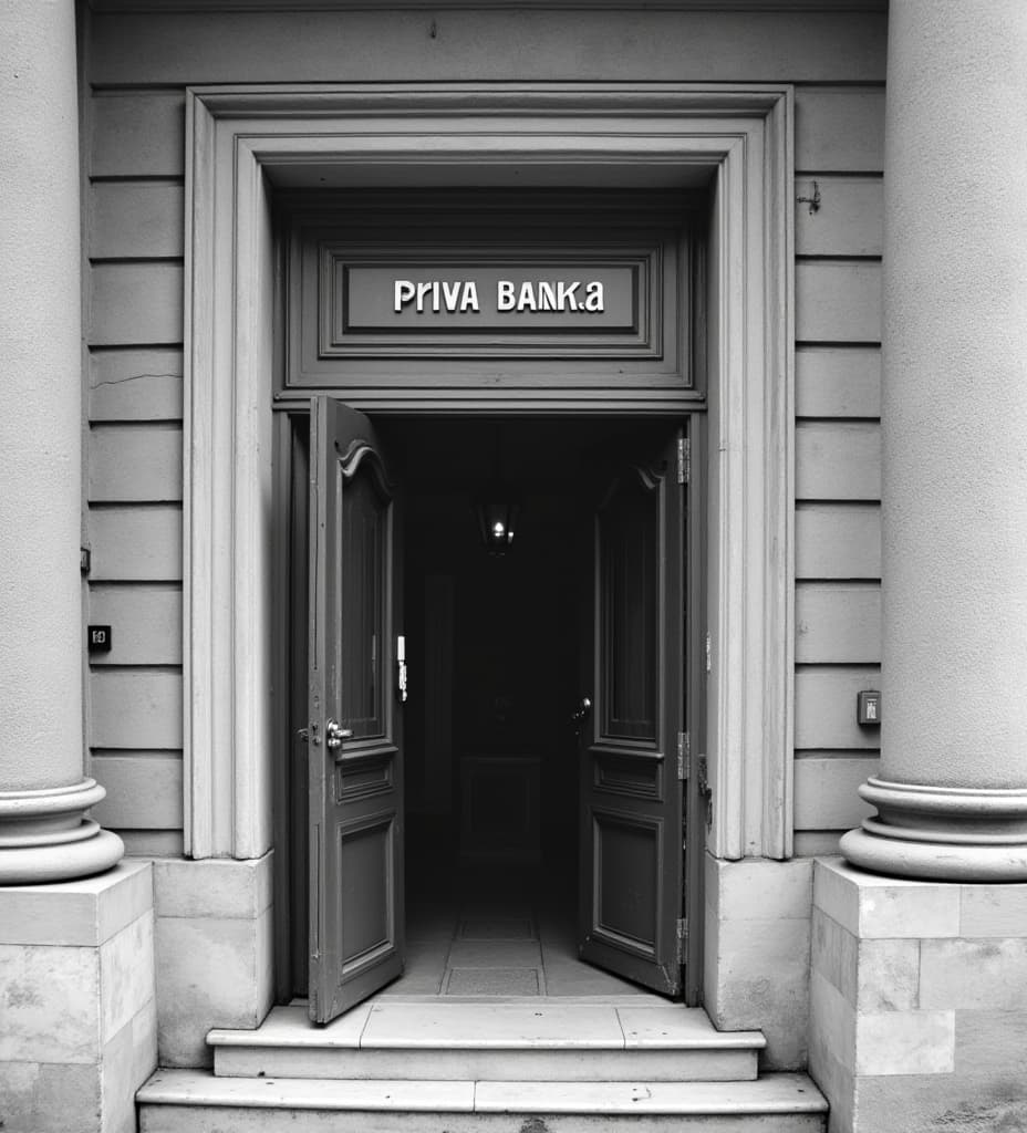  good quality, high quality, photograph of a large building entrance, the text on the wall says "kragujevac prva banka", 1920