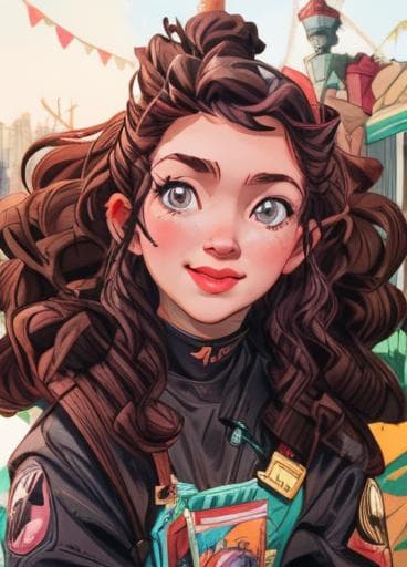 i am a young woman 25 years old with curly brown hair. make me look the same but pop art style, hq, hightly detailed, 4k