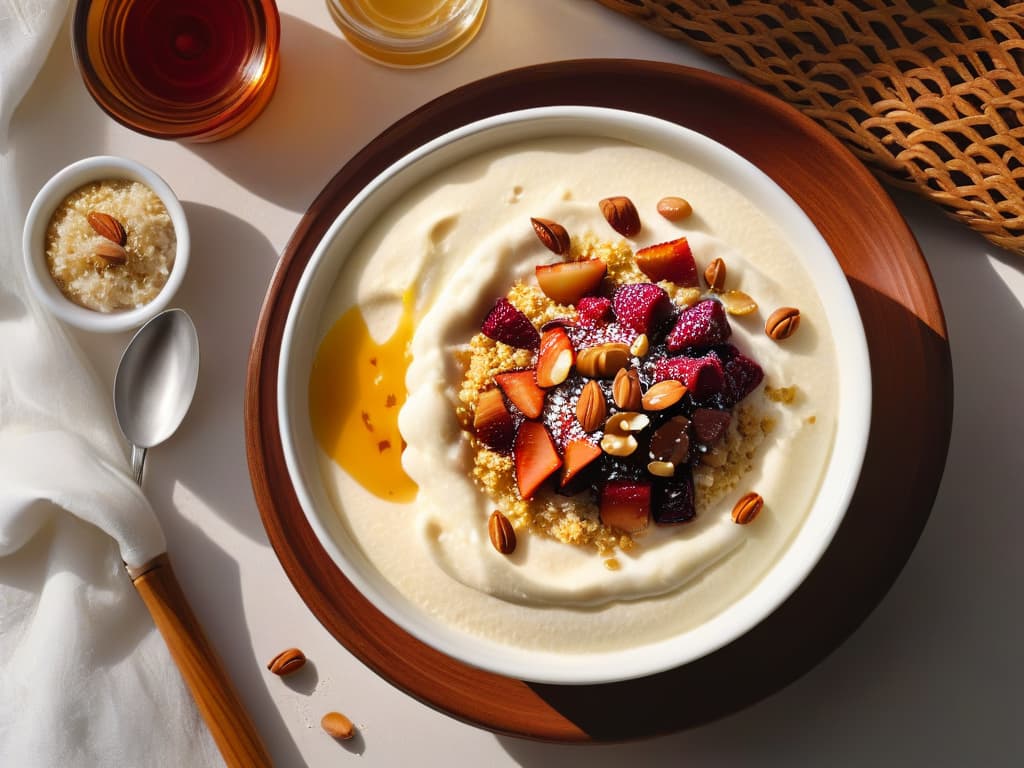  An 8k ultradetailed image of a creamy bowl of Roz Bel Laban, showcasing the rich, thick texture of the Middle Eastern rice pudding. The bowl is garnished with a sprinkle of ground cinnamon and a few slivered almonds, adding a touch of elegance to the minimalistic presentation. The soft, warm lighting enhances the golden hues of the dessert, highlighting its comforting and indulgent appeal. hyperrealistic, full body, detailed clothing, highly detailed, cinematic lighting, stunningly beautiful, intricate, sharp focus, f/1. 8, 85mm, (centered image composition), (professionally color graded), ((bright soft diffused light)), volumetric fog, trending on instagram, trending on tumblr, HDR 4K, 8K