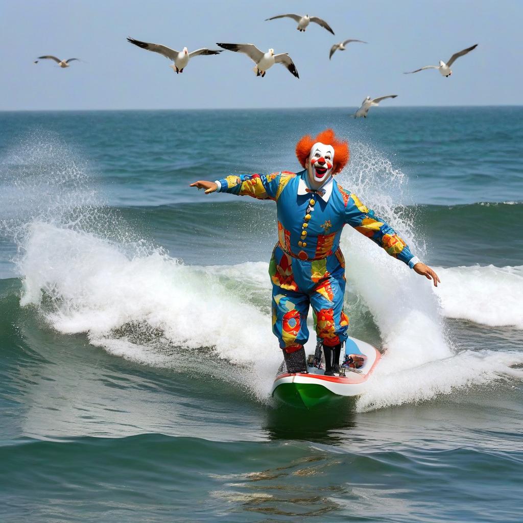  Portrait: clown riding the waves, face joyful, water splashing in all directions, seagulls rushing after him, coded patterns, rare and simple, image in uhd, Soviet wave, snapshot, FILM PHOTOGRAPHY STYLE hyperrealistic, full body, detailed clothing, highly detailed, cinematic lighting, stunningly beautiful, intricate, sharp focus, f/1. 8, 85mm, (centered image composition), (professionally color graded), ((bright soft diffused light)), volumetric fog, trending on instagram, trending on tumblr, HDR 4K, 8K