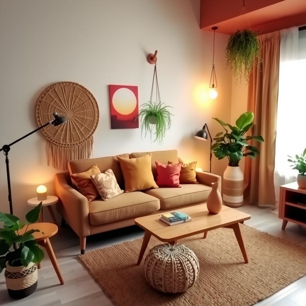  cozy boho living room featuring earthy tones with warm browns, terracotta, and soft greens. include a plush sofa adorned with textured cushions, a natural jute rug, hanging plants, and wooden furniture. illuminate the space with soft, warm lighting to enhance the inviting atmosphere.,