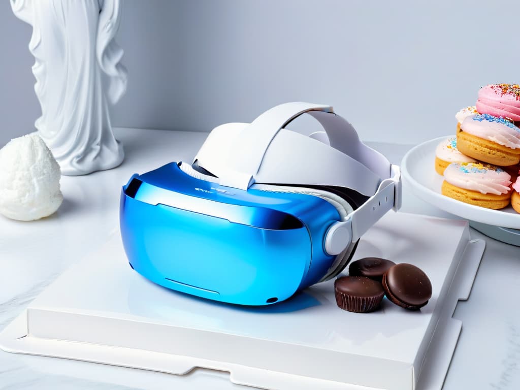  An ultradetailed image of a sleek, modern virtual reality headset resting on a pristine white marble countertop, surrounded by a scattering of colorful macarons, glossy chocolate truffles, and delicate pastelhued cupcakes. The VR headset is glowing softly with a futuristic blue light, casting a subtle, ethereal glow on the decadent baked goods, creating a striking contrast between cuttingedge technology and traditional artisanal sweets. The scene is captured from a slightly elevated angle, showcasing the intricate details of the desserts and the hightech VR device in crisp, realistic clarity. hyperrealistic, full body, detailed clothing, highly detailed, cinematic lighting, stunningly beautiful, intricate, sharp focus, f/1. 8, 85mm, (centered image composition), (professionally color graded), ((bright soft diffused light)), volumetric fog, trending on instagram, trending on tumblr, HDR 4K, 8K