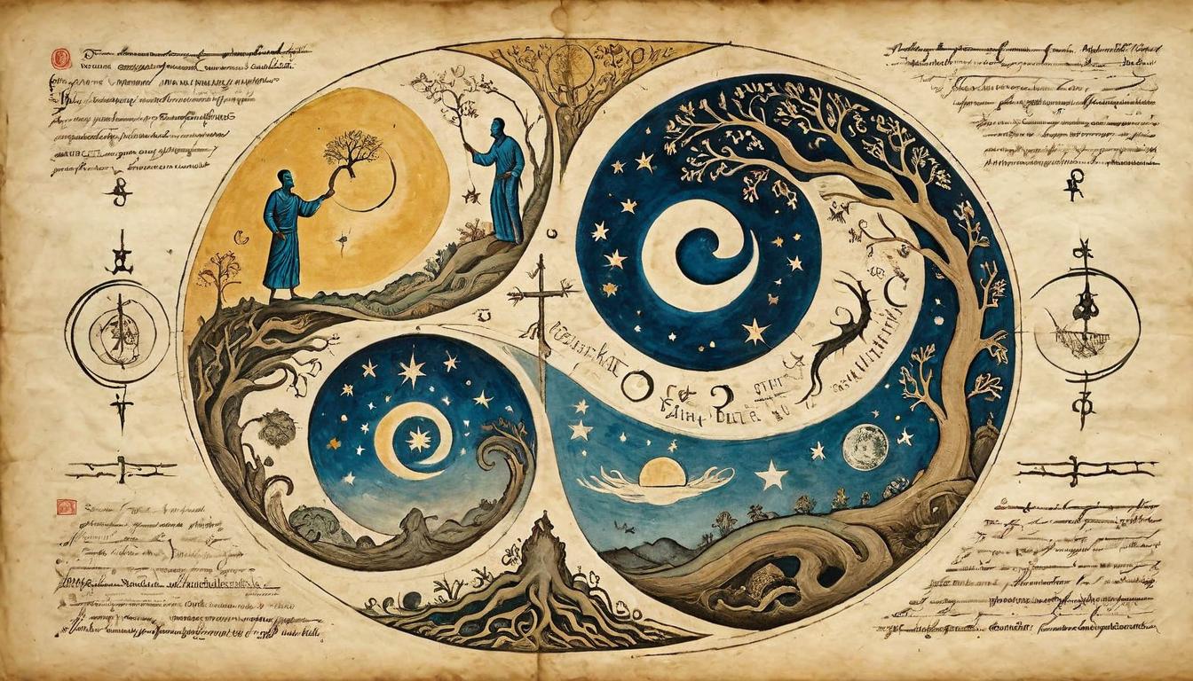  on parchment, surrealism+++, Human and reptilian figures in a yin yang formation, human figure reaching upwards to stars, reptilian figure grounded with roots penetrating earth, balanced, harmonious, celestial and terrestrial(mysterious, provocative, symbolic,muted color)+++