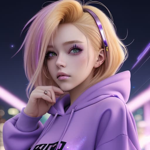  portrait of cyberpunk anime woman with blondish hair, wearing a purple hoodie, with magical sparkles in the air