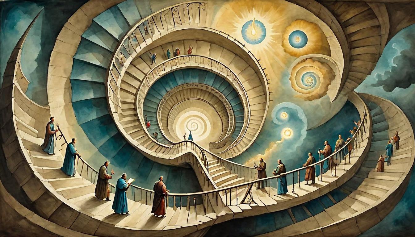  on parchment, surrealism+++, Figures ascending along a spiral staircase of light, interconnected, communal energy, bright pinnacle, collective evolution, shared journey, transformative light(mysterious, provocative, symbolic,muted color)+++