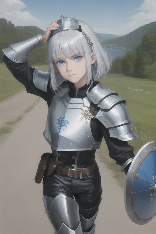  (Masterpiece, Best Quounty), Raw Photo Realistic Texture, Absurd Ultra Detailed, (Accurate Fingers & Legs), (Super Fine Face), ((Tin) Y Boy), 10-year Old, SHINY SILVER HAIR, SHORT BANGS , SUPER FINE BLUE EYES, Frowning Face, Black Armor, (Large Shield), Outdoor, Dynamic Pose, Portrait, ((put on the head on the head))