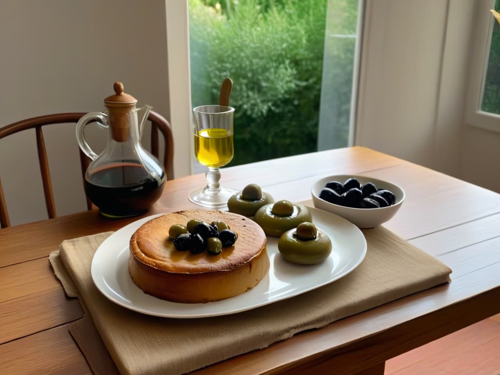  An ultradetailed image of a beautifully arranged table setting with a rustic wooden table, elegant white linen tablecloth, delicate ceramic plates filled with goldenbrown olive oil cakes garnished with fresh rosemary sprigs, and a glass carafe of olive oil next to a bowl of plump olives. The warm natural light streaming in through a nearby window casts soft shadows, creating a serene and inviting atmosphere that perfectly captures the essence of Mediterranean culinary elegance. hyperrealistic, full body, detailed clothing, highly detailed, cinematic lighting, stunningly beautiful, intricate, sharp focus, f/1. 8, 85mm, (centered image composition), (professionally color graded), ((bright soft diffused light)), volumetric fog, trending on instagram, trending on tumblr, HDR 4K, 8K